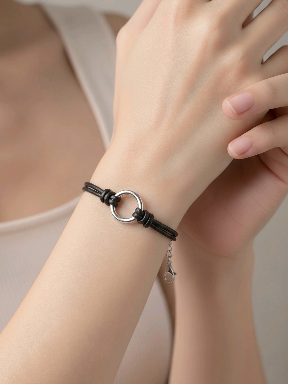 Fossil Black Leather & Silver-Tone Circle Bracelet